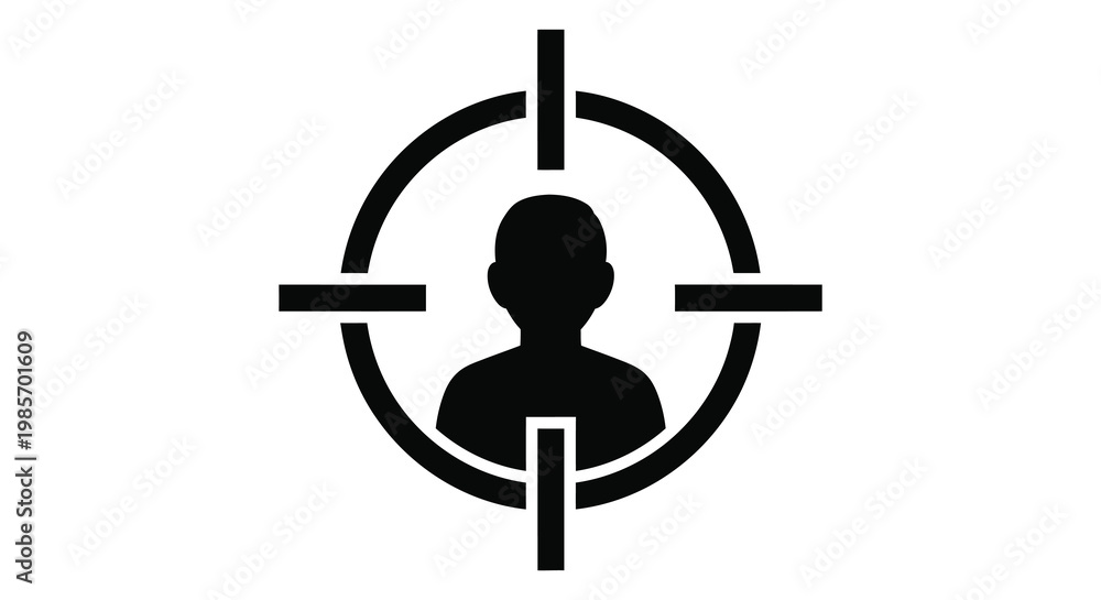Fototapeta premium A black target reticle focuses on a dark human head creating a stark visual representation of being targeted silhouette