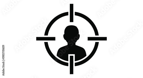 A black target reticle focuses on a dark human head creating a stark visual representation of being targeted silhouette