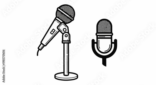 Two outline microphones, one on a stand and one without