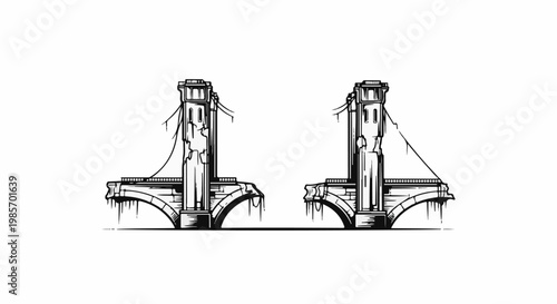 Two ruined bridge towers with hanging cables and arched foundations