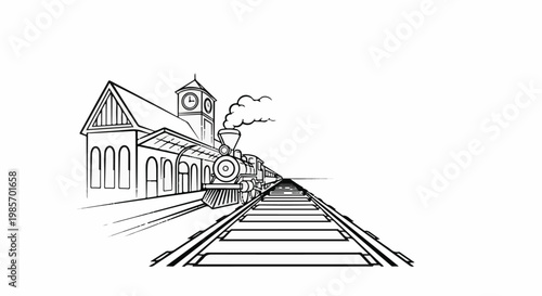 Vintage steam train departing from a station with a clock tower