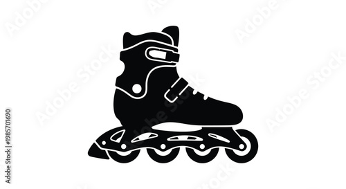 A black silhouette depicting a single inline roller skate with detailed wheels and buckles silhouette high quality professional