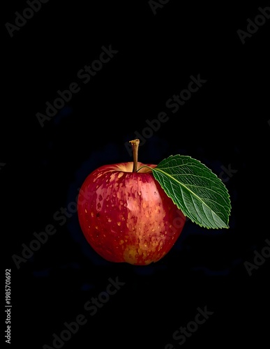 Fresh red apple with green leaf isolated on a black background, highlighting natural texture, freshness and vibrant color in a clean studio composition.