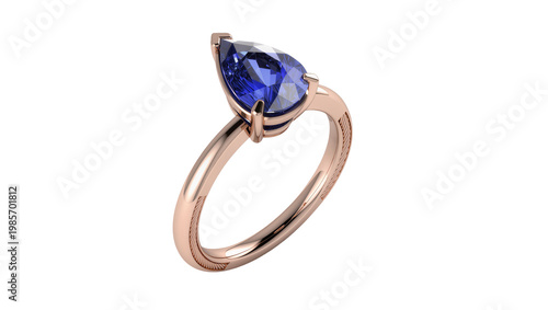 Картината върху платно Pear-shaped blue sapphire ring with rose gold band, isolated on transparent back