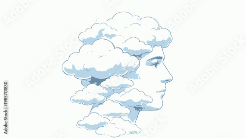 Watercolor Illustration of a Man's Side Profile, With Clouds Filling His Head, Representing Brain Fog, Confusion, Daydreaming and Mental Unrest