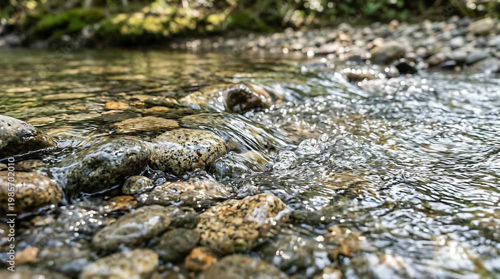 Fototapeta premium Crystal clear river water flowing over smooth pebbles close up