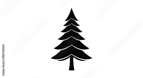 A stark black silhouette of a coniferous tree dominates a plain white background creating a simple image silhouette