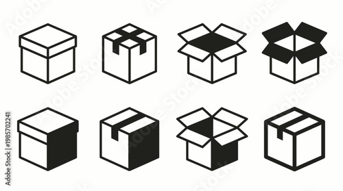 Packaging Box Vector Icons – Open Closed Labeled Stacked Measured Flattened Carton Symbols for Shipping Storage Delivery Logistics Design and Product Presentation Illustration