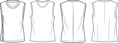 Women sleeveless tank top set, front and back views, casual basic apparel design, clean fashion outline template – vector illustration