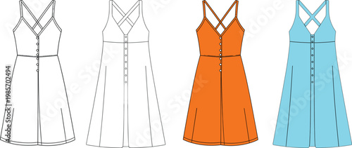 Stylish strappy summer dress set, button front design, A line silhouette, casual women fashion outline template – vector illustration