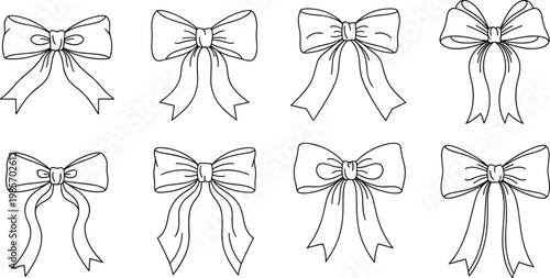 Black and White Vector Illustrations of Decorative Bows in Various Styles and Shapes for Gift Wrapping and Design Projects