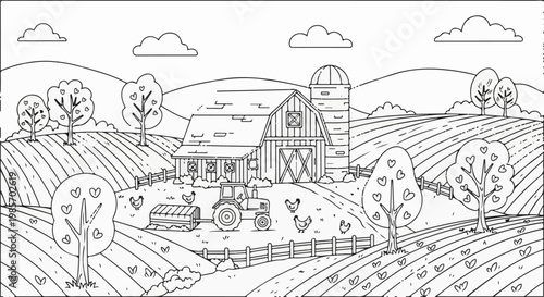 A rural farm scene with a barn, tractor, chickens, trees, and fields