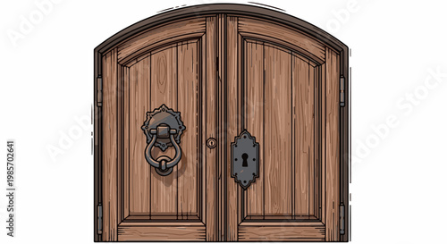 A rustic arched wooden double door with a large ornate knocker and keyhole