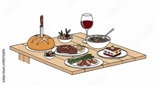 A rustic wooden table is laden with a celebratory meal of steak, pasta, and dessert
