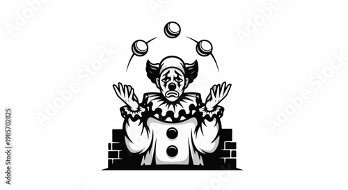 A sad clown juggles balls overhead against a brick background