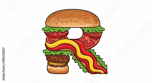A playful cartoon letter R formed from a stacked hamburger with all the fixings