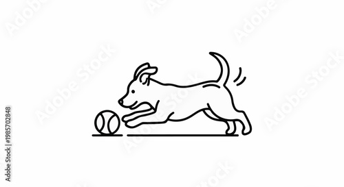 A playful dog in motion chases a ball, rendered in a simple, clean outline