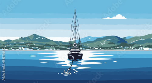 A sailboat anchored in a calm bay with a coastal town and mountains behind