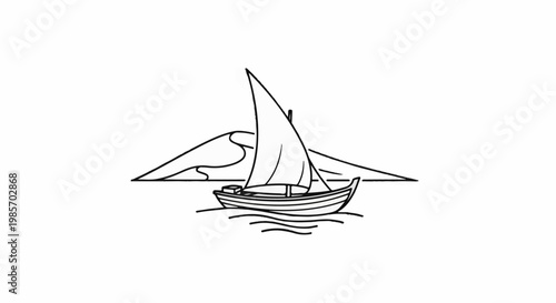 A sailboat glides on calm waters with distant dunes under a clear sky