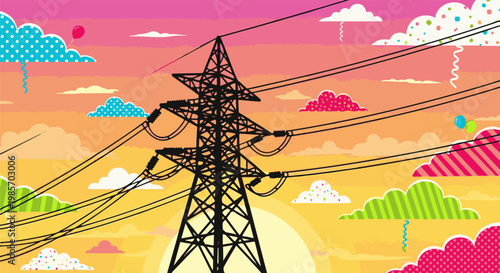 A power line tower stands against a surreal, colorful sunset sky with festive clouds