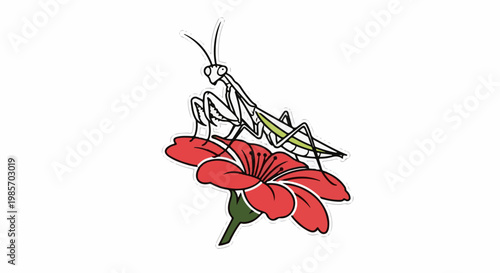 A praying mantis sits on a bright red flower