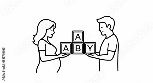 A pregnant person and a person hold blocks spelling "BABY