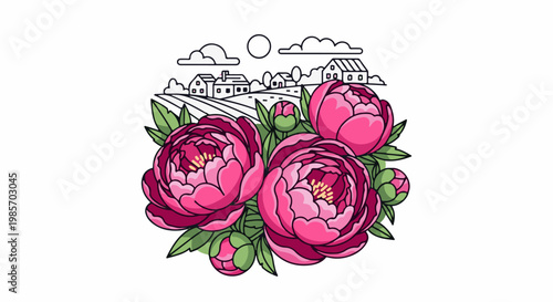 A scenic rural landscape with blooming peonies in the foreground