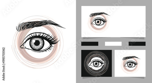 Artistic sketches of human eyes with detailed lashes and thick eyebrows surrounded by decorative circular line patterns on a white base.