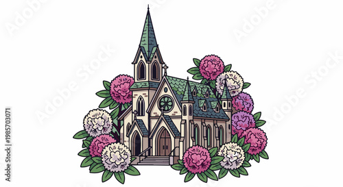 A quaint chapel adorned with blooming pink and white flowers