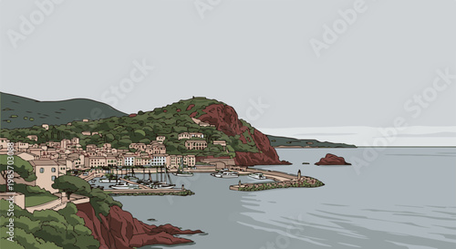 A quaint coastal town nestled against a lush green hillside overlooks a serene harbor