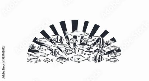A school of fish swim under a stylized sunburst in a monochrome graphic