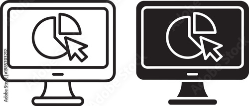 Computer screen displaying pie chart with cursor icon, vector illustration on transparent