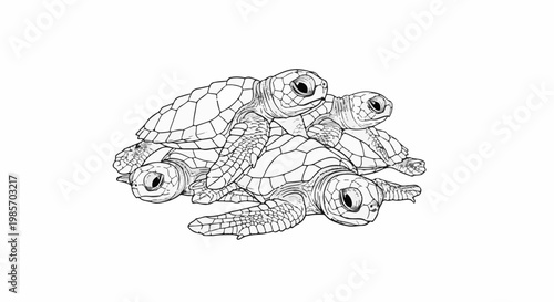 A pile of baby sea turtles huddled together in a charming illustration