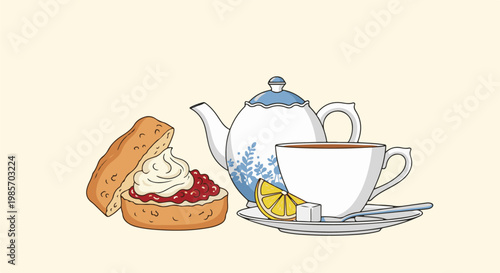 A scone with cream and jam, beside a teapot and tea cup