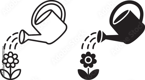 Watering can pouring water onto a flower, two icon styles on transparent in outline style