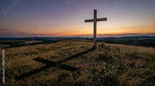 Wooden cross standing on a grassy hill at sunset