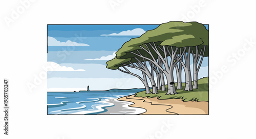 A picturesque seaside scene with a sandy beach, rolling waves, and a grove of trees
