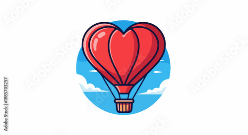 A red heart-shaped hot air balloon ascends in the blue sky