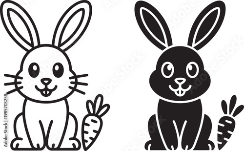 Cute cartoon rabbit and carrot pair illustration, line art and solid silhouette