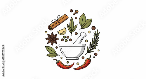 A mortar and pestle surrounded by colorful spices, herbs, and chilies