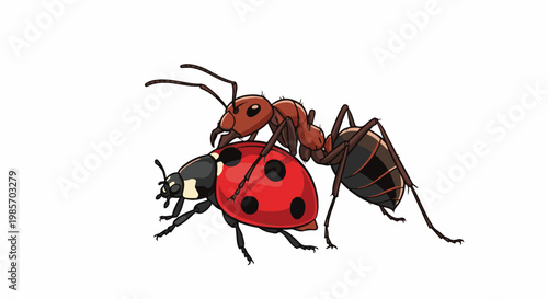 A red ladybug with black spots is held by a brown ant