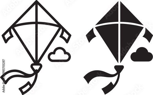 Diamond shaped kite flying with clouds and tail, line art and silhouette illustration