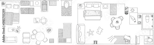 Top view apartment floor plan, modern interior layout with furniture, bedroom living dining zones, detailed architectural outline – vector illustration