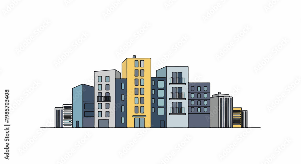 Fototapeta premium A simplified illustration of a row of multi-story buildings with windows and balconies