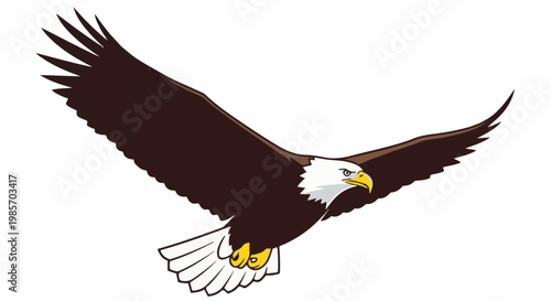 A majestic bald eagle soars with wings outstretched against a white background