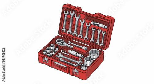 A red toolbox filled with an assortment of metal wrenches and sockets