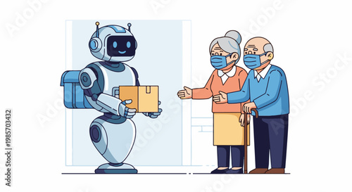 A robot delivers a package to an elderly couple wearing masks
