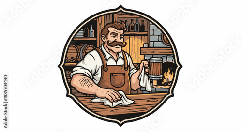 A mustachioed man in an apron polishes a beer mug at a wooden bar