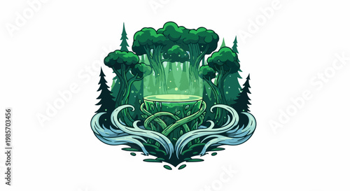 A mystical, glowing forest scene with lush green trees and a radiant platform