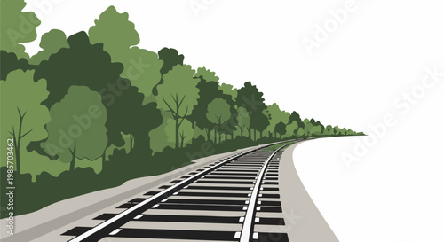 A railway line curves through a dense, stylized forest